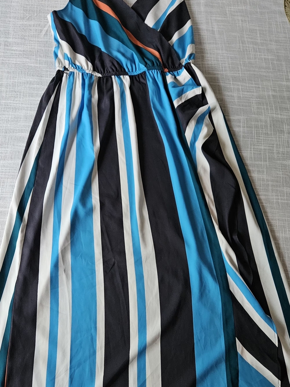 ​ANN TAYLOR LOFT Striped Faux Wrap Maxi Dress Small Blue Teal Orange Ruffle - Picture 11 of 16